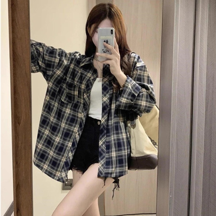 เสื้อเชิ้ตลายสก๊อตแขนยาว ดีไซน์ลายสก๊อต หลวมใส่สบาย แฟชั่นลำลอง M-2XL