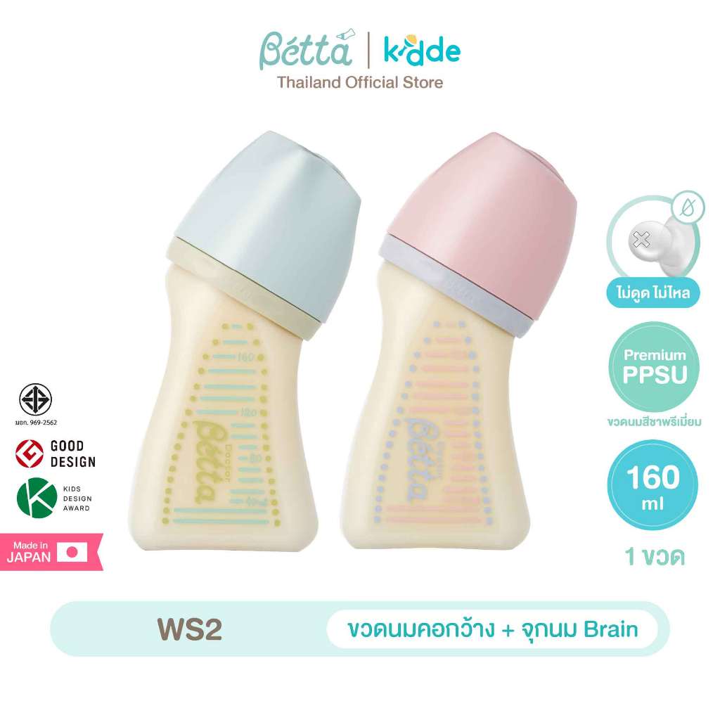 (1 ขวด) Dr.Betta ขวดนมคอกว้าง WS2 160ml (PPSU) จุกนม Brain Cross cut ไม่ดูดไม่ไหล