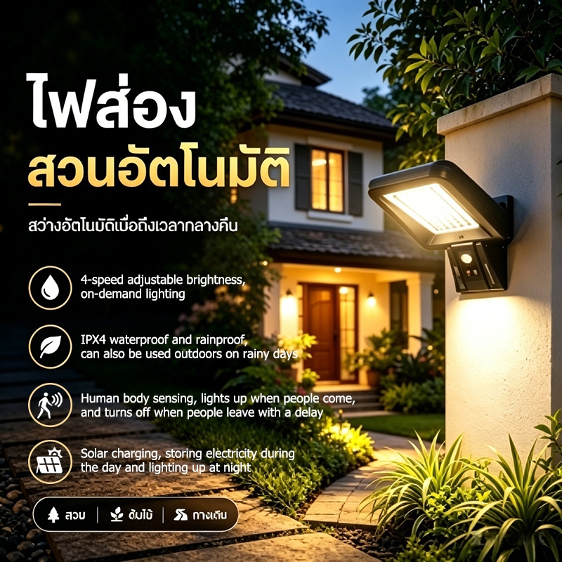 【พร้อมส่งจ้า】ไฟโซล่าเซลล์ติดผนังอัจฉริยะ 4 ระดับแสง เซ็นเซอร์ตรวจจับความเคลื่อนไหว กันน้ำ IPX4 สำหรับสวนและบ้าน