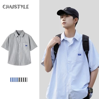 Chaistyle เสื้อเชิ้ตผู้ชายลายทาง สีต่อ เรียบง่าย เสื้อเชิ้ตทรงหลวม มีสไตล์ แบบหลวม ใส่ได้ทั้งชายและหญิง ผ้าบางเบา