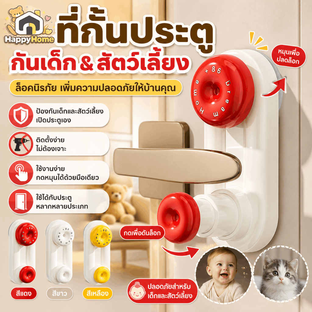 ที่กั้นประตูกันเด็ก สัตว์เลี้ยงเด็กล็อคประตูประตูป้องกันแมวความปลอดภัยล็อคกันชนประตู