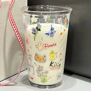 แก้วนม แก้วกาแฟ พร้อมหลอด 400 ml ลายน่ารัก สไตล์เกาหลี วัสดุแก้ว พร้อมส่ง