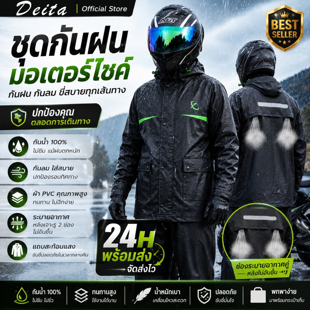 ชุดกันฝน กันน้ำได้100%  เสื้อกันฝน กันน้ำ ระบายอากาศ สบาย ทนสึกหรอ ผ้าหนาพิเศษ แถบสะท้อนแสงสูง เสื้อกันฝน ชุดกันฝนพายุ
