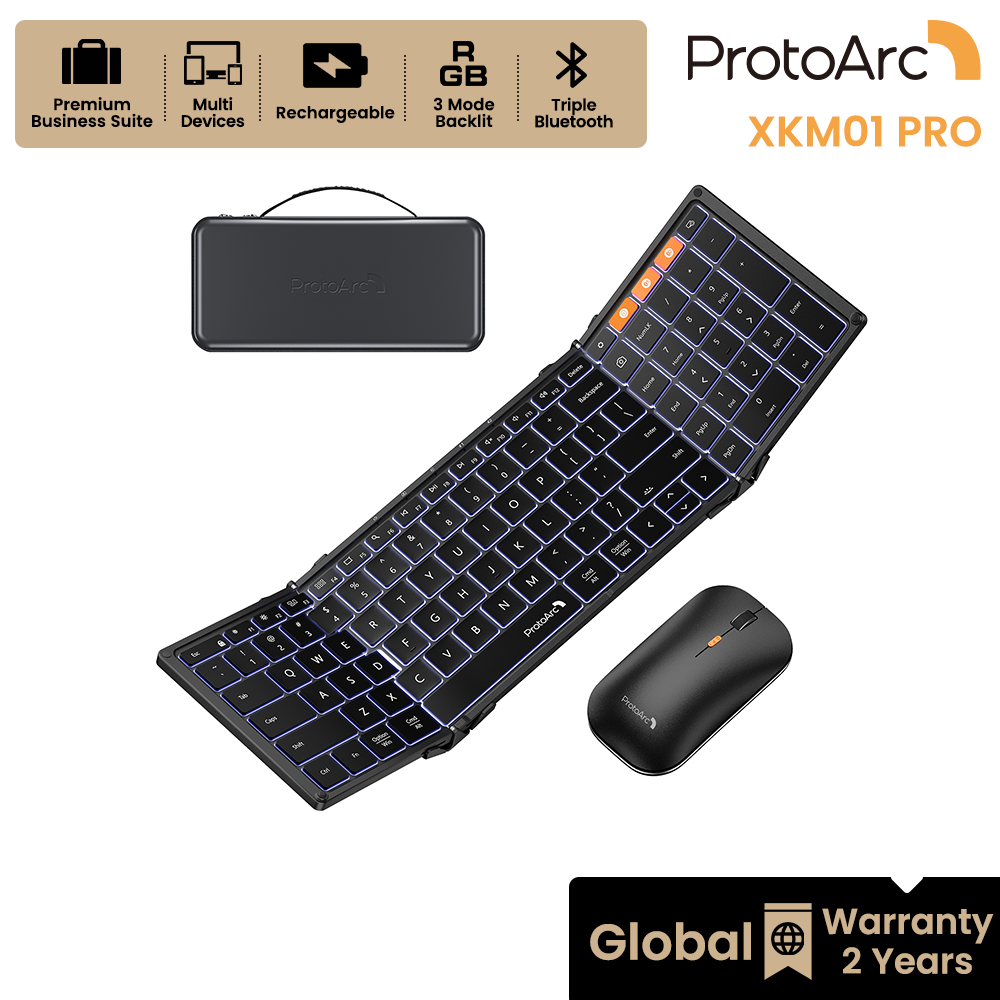 ProtoArc XKM01 Pro เซ็ตคีย์บอร์ดพับได้พร้อมเมาส์ ไฟ Backlit Full Size เชื่อมต่อ 3 อุปกรณ์ พกพาสำหรับทำงานได้ทุกที่