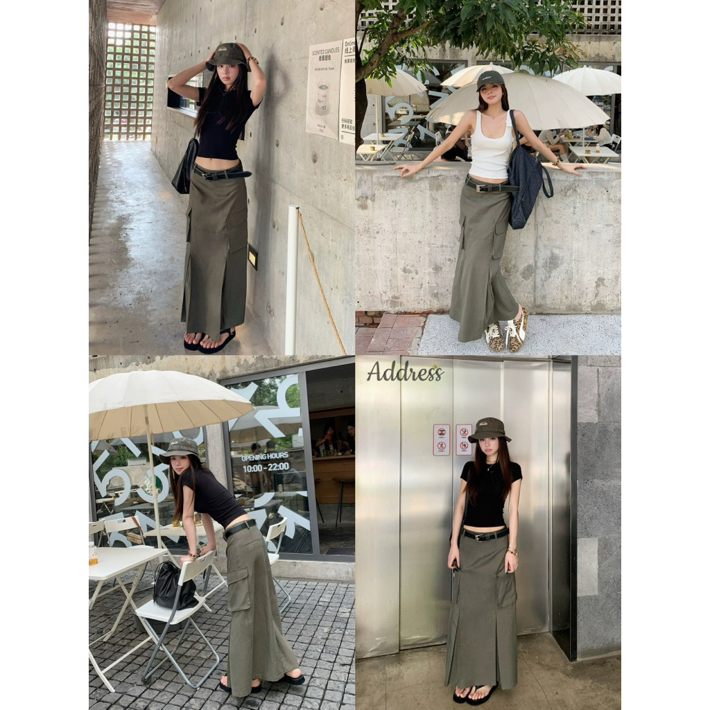 🌈🌿🌺🌼🌸🖤💚🇰🇷 Set3pcs Cotton Top&cargo Long Skirt &Belt Set