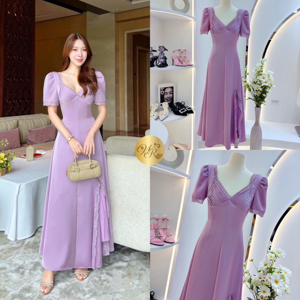 Widelia สีม่วง Rak lavender Dress เดรสยาวคอวี ผ้าเปเป้ แขนสั้นแต่งลูกไม้ ผ่าปลายกระโปรงมีซับใน ซิปหลัง