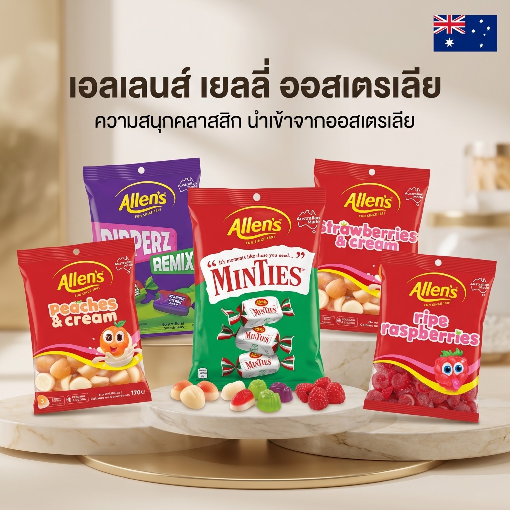 Allen's เยลลี่ออสเตรเลีย 5 รสชาติ (Minties, Ripperz, Peaches, Strawberries, Raspberries) Imported Gummies
