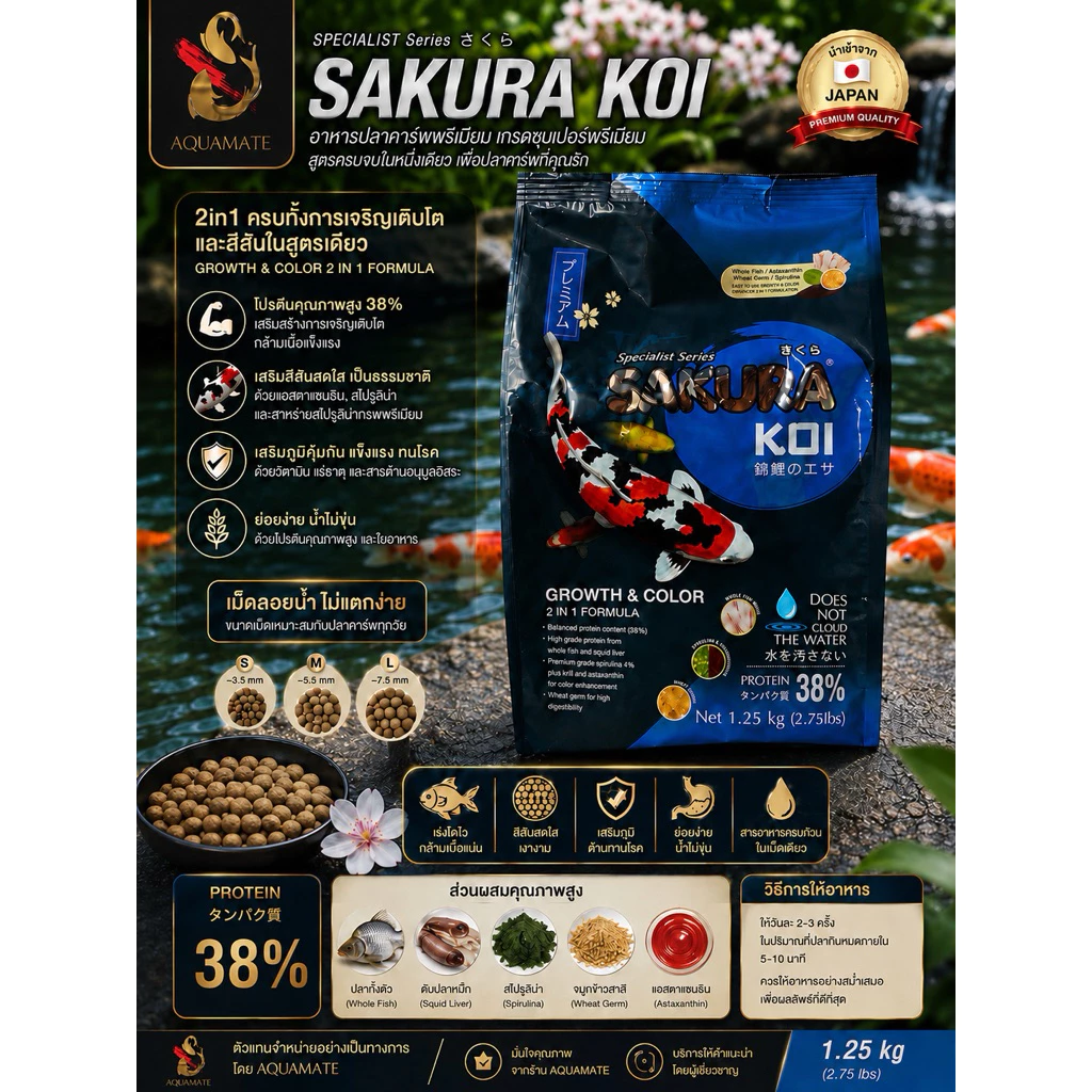 1.25 กก. อาหารปลาคาร์ฟ SAKURA KOI สำหรับการเจริญเติบโตและสีสันสดใส