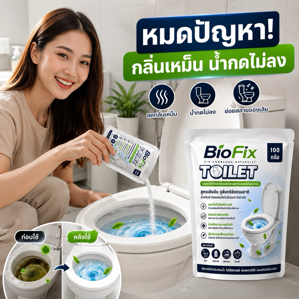 BioFix 100 กรัม จุลินทรีย์ห้องน้ำ จุลินทรีย์ส้วม แก้ปัญหาส้วมเหม็น ส้วมตัน ส้วมกดไม่ลง กลิ่นตีขึ้น