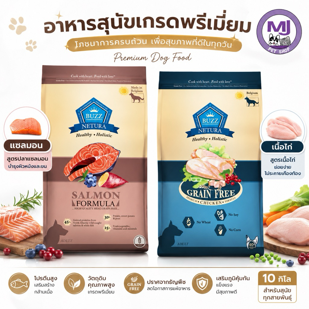 BUZZ NETURA อาหารสุนัขเกรดพรีเมียม Grain Free สูตรแซลมอน / สูตรไก่ 10kg สำหรับสุนัขโต ทุกสายพันธุ์