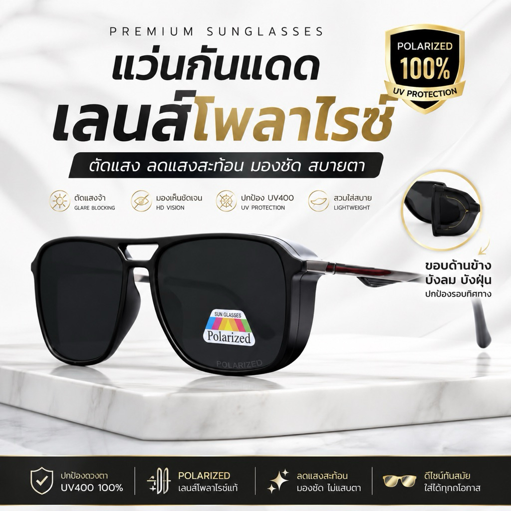 แว่นตาเลนส์โพราไรซ์ตัดแสง(มีขอบข้างบังลม)