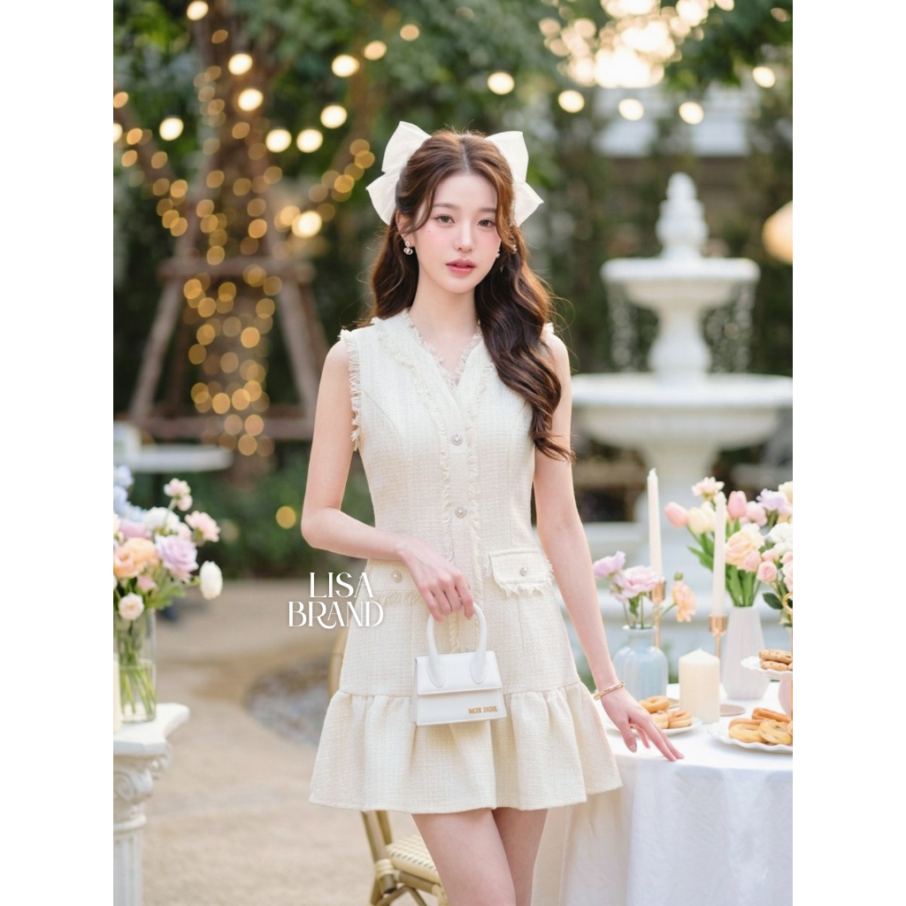 [LISA] A1370 ชุดเดรสกระโปรงแขนกุดดีเทลแต่งกระดุมไข่มุกดอกไม้ผ่าหน้า เรียบหรูลุคคุณ ใส่คาเฟ่ ดินเนอร์ ออกเดท