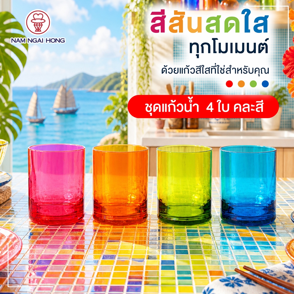 ชุดแก้วน้ำ พลาสติก คละ 4 สี