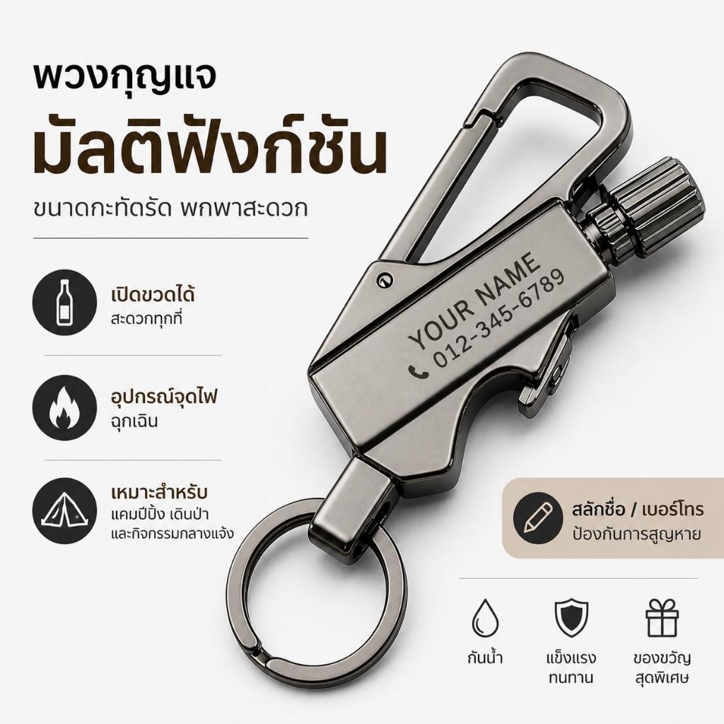 Custom พวงกุญแจอเนกประสงค์ สลักชื่อ เบอร์โทร กันหาย เปิดขวดได้ พร้อมอุปกรณ์จุดไฟฉุกเฉิน พกพาสะดวก เหมาะสายแคมป์