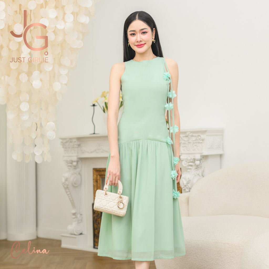 🔥Hot🔥 Dress Celina ชุดเดรสยาว ดีไซน์ดอกไม้ไหล่ ผ้าซีฟองแต่งผ้าซาติน สวยเรียบหรู ไว้ใส่เที่ยว ใส่ออกงาน พร้อมส่ง S M L
