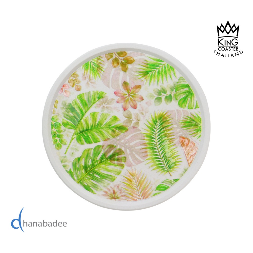 จานรองแก้วดูดน้ำ ทรงกลมมีขอบ R10157 ลาย LEAF 06 ที่รองแก้ว ซับน้ำดี King Coaster  ธนบดี เซรามิค ceramic coaster ของฝาก