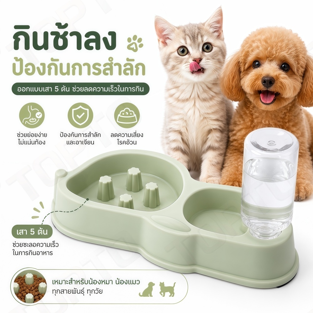 H41-ชามแมว ชามสุนัข ชามฝึกกินช้า ลดการสำลัก พร้อมขวดน้ำ 450ml วัสดุ PP [2-in-1] ชามอาหารสัตว์เลี้ยง ชามกันสำลัก