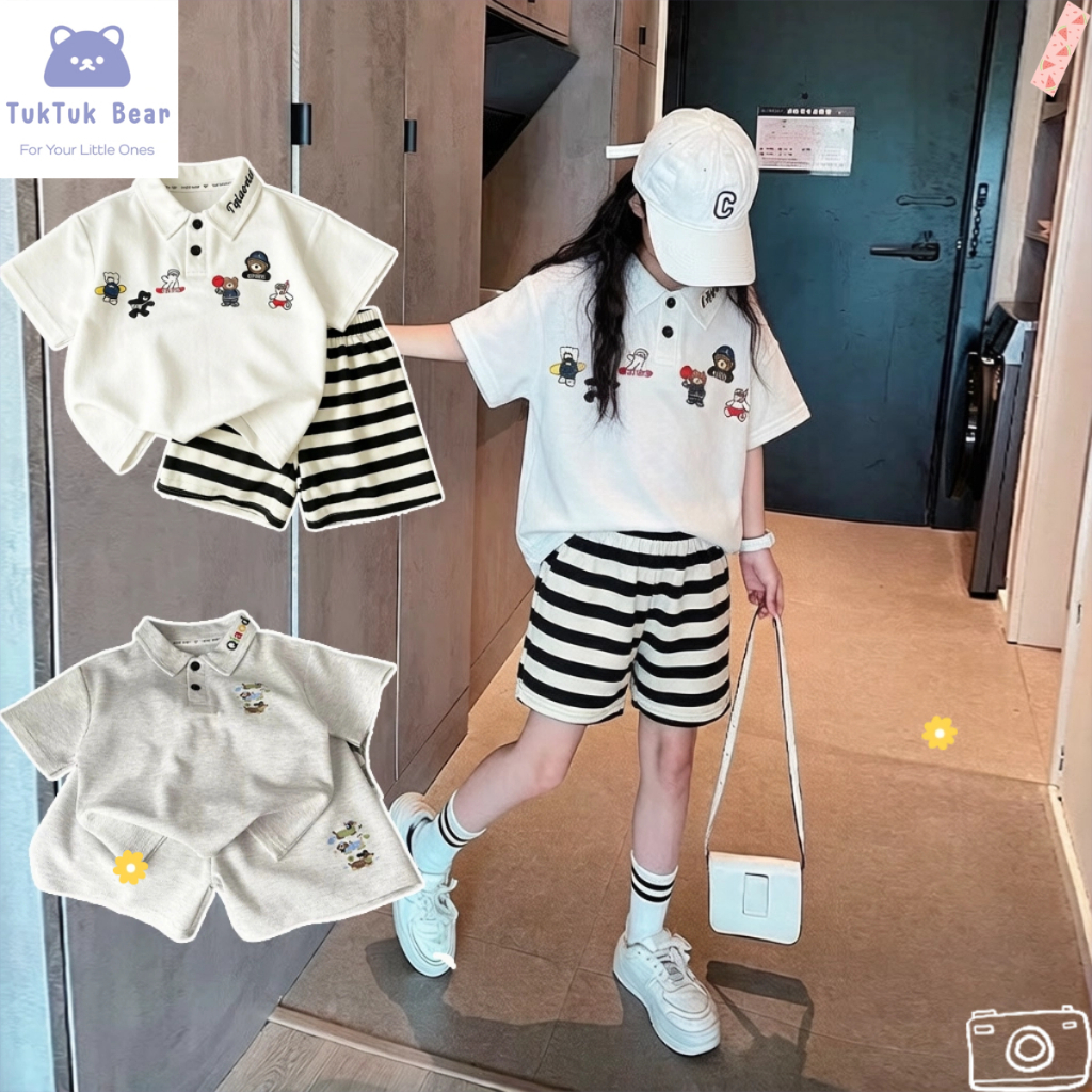 ชุดเสื้อโปโลเด็ก ชุดเด็กแขนสั้นขาสั้น พิมพ์ลายการ์ตูน คอปก ตรงปก นิ่มๆนุ่มๆ