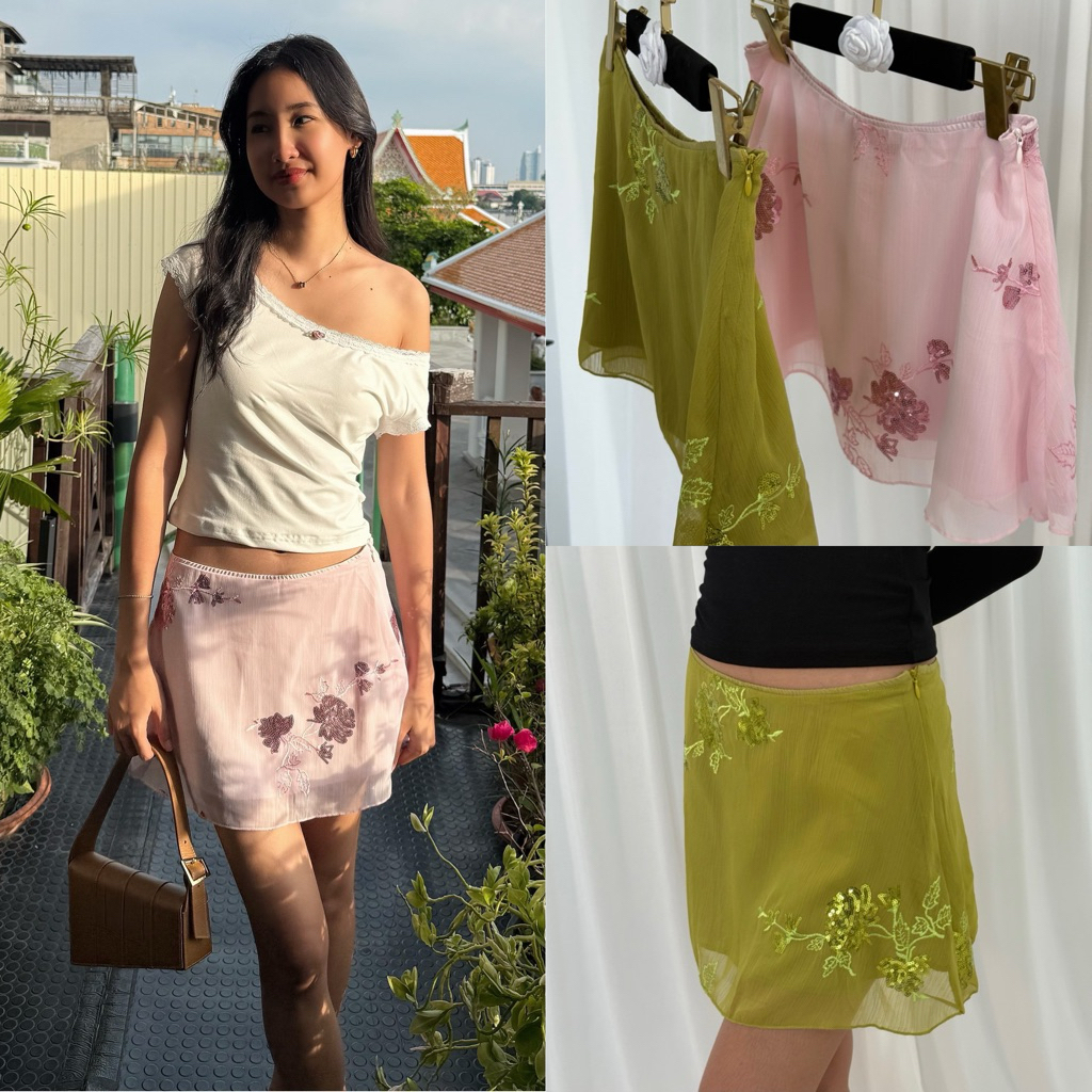 พร้อมส่ง Saint glitter Skirt กระโปรงชีฟอง สองชั้น ปักกลิตเตอร์