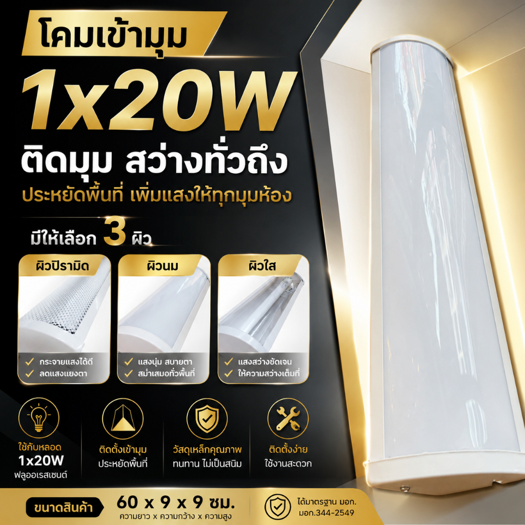 TSP โคมตัวยูเข้ามุม 1X20W สีใส นม พีระมิด โคมอุตสาหรรม โคมไฟตัวยู แบบสั้น ยาว 60 ซม. (ไม่รวมหลอด) ราคา ถูกที่สุด ดีลบีเคเค