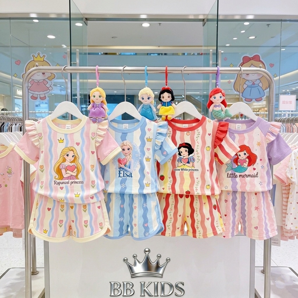 BBKids ชุดเซ็ทแขนสั้นขาสั้น หั่วไหล่เย็บแต่งระบาย ผ้าคอตตอนผสมสเปนเดก