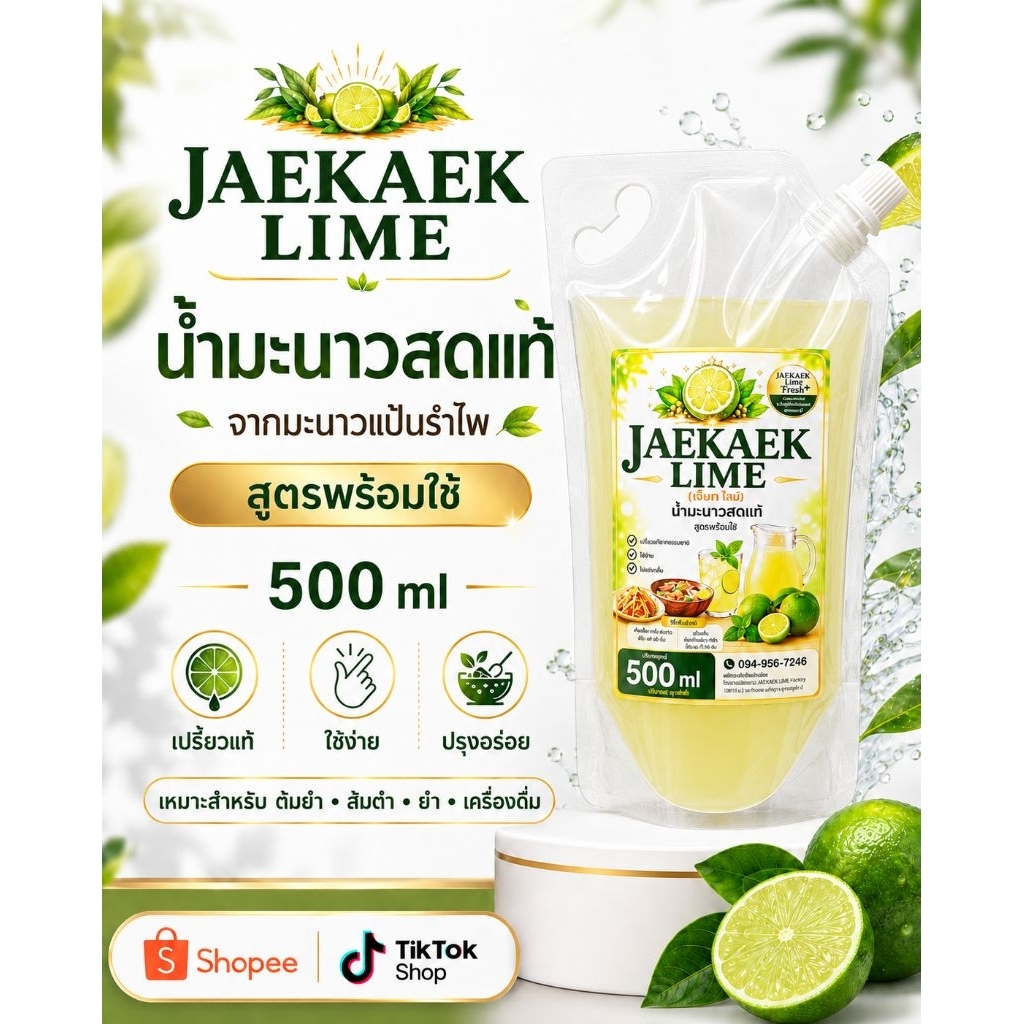 เจ๊แขกไลม์ น้ำมะนาวคั้นสดแท้ขนาด500 ml 6-12 ถุง จากมะนาวแป้นรำไพ ถุงฝาเกลียว ซีลฟอยล์ควบคุมความเย็น