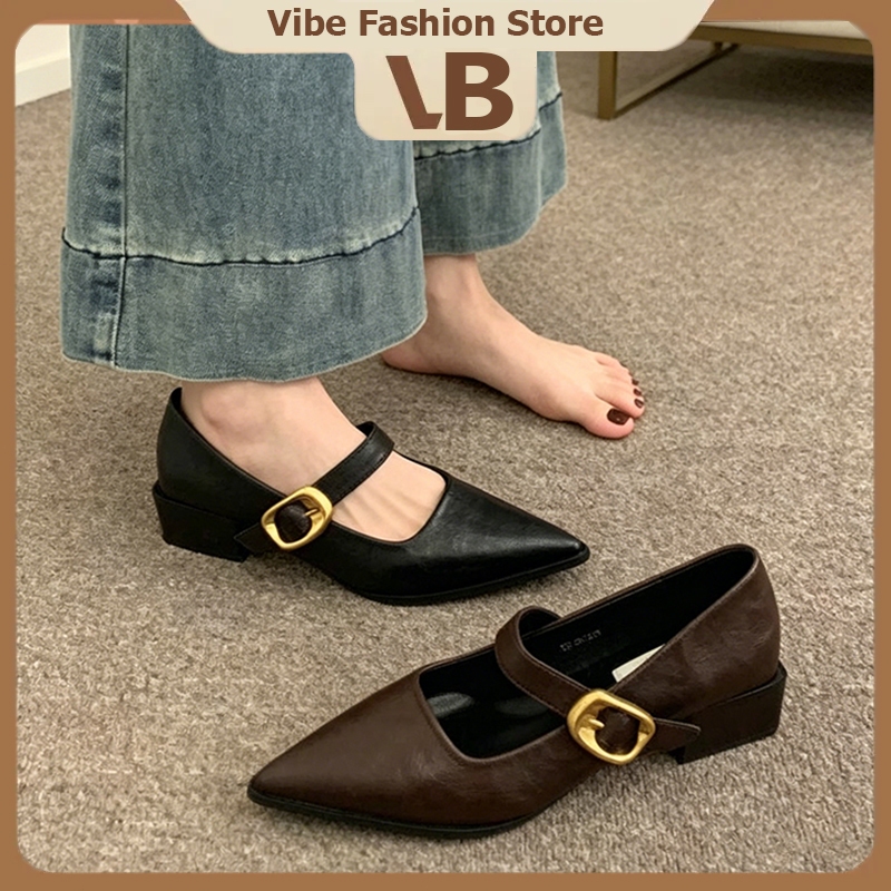 Vibe รองเท้าแมรี่เจนผู้หญิง 3.5 ซม นิ้วส้นหนา รองเท้าหนัง ใส่สบาย ใส่เที่ยวได้ ทรงเก๋ไก๋