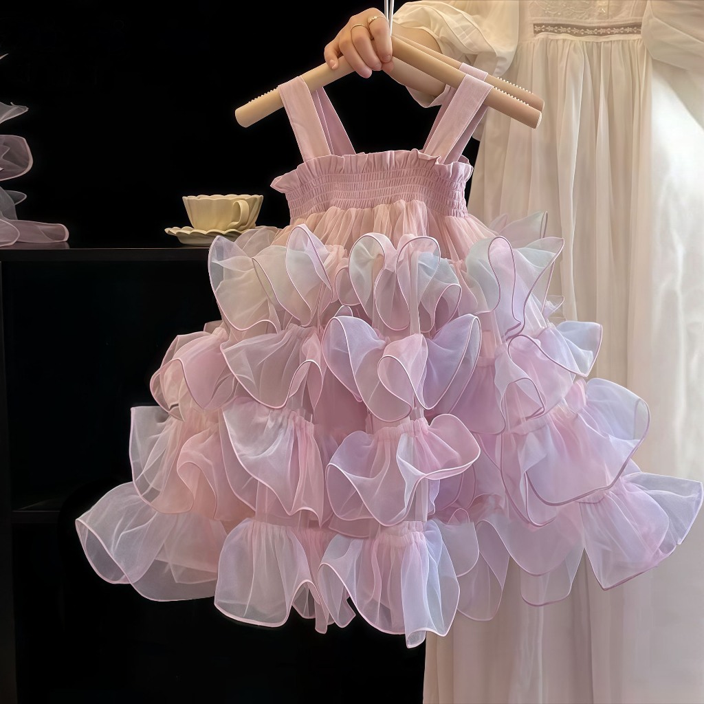 1-9 ปี ชุดเดรสลายดอกไม้สีชมพู สไตล์เกาหลี แฟชั่นฤดูร้อน กระโปรงฟูฟ่อง แขนกุด ผ้าทูลล์ ผ้าหนุ่ม ใสสบาย สำหรับเด็กผู้หญิง