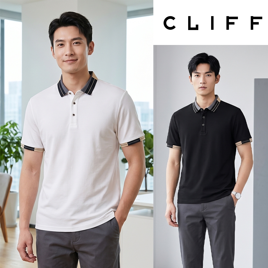 CLIFF เสื้อโปโลผู้ชายแขนสั้นคอปกแต่งลาย ผ้าสบายๆ ไม่ร้อน เหมาะกับทุกโอกาสการแต่งตัว  ทรงหลวม