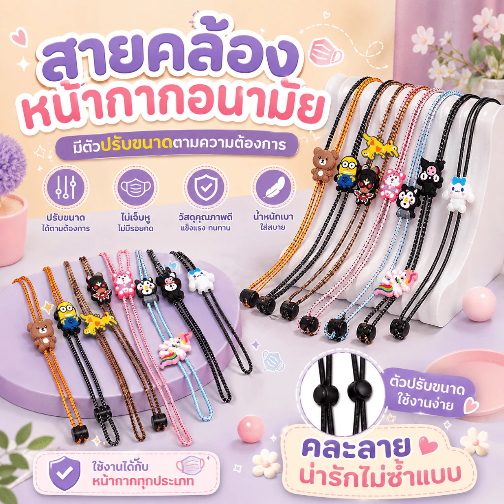 สายคล้องแมส คละลาย10เส้น1โหล ลายการ์ตูนลายแบรนสามารถใช้ได้ทั้งเด็กและผู้ใหญ่