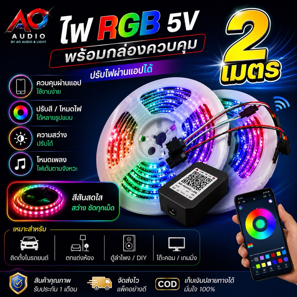 ไฟRGB 5V พร้อมกล่องควบคุม