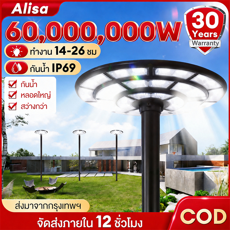 ไฟโซล่าเซลล์ UFO ไฟถนนยูเอฟโอ Solar Light ทรงกลม 60,000,000W LED พลังงานแสงอาทิตย์ สปอร์ตไลท์ IP69 กันน้ำ ป้องกันฟ้าผ่า