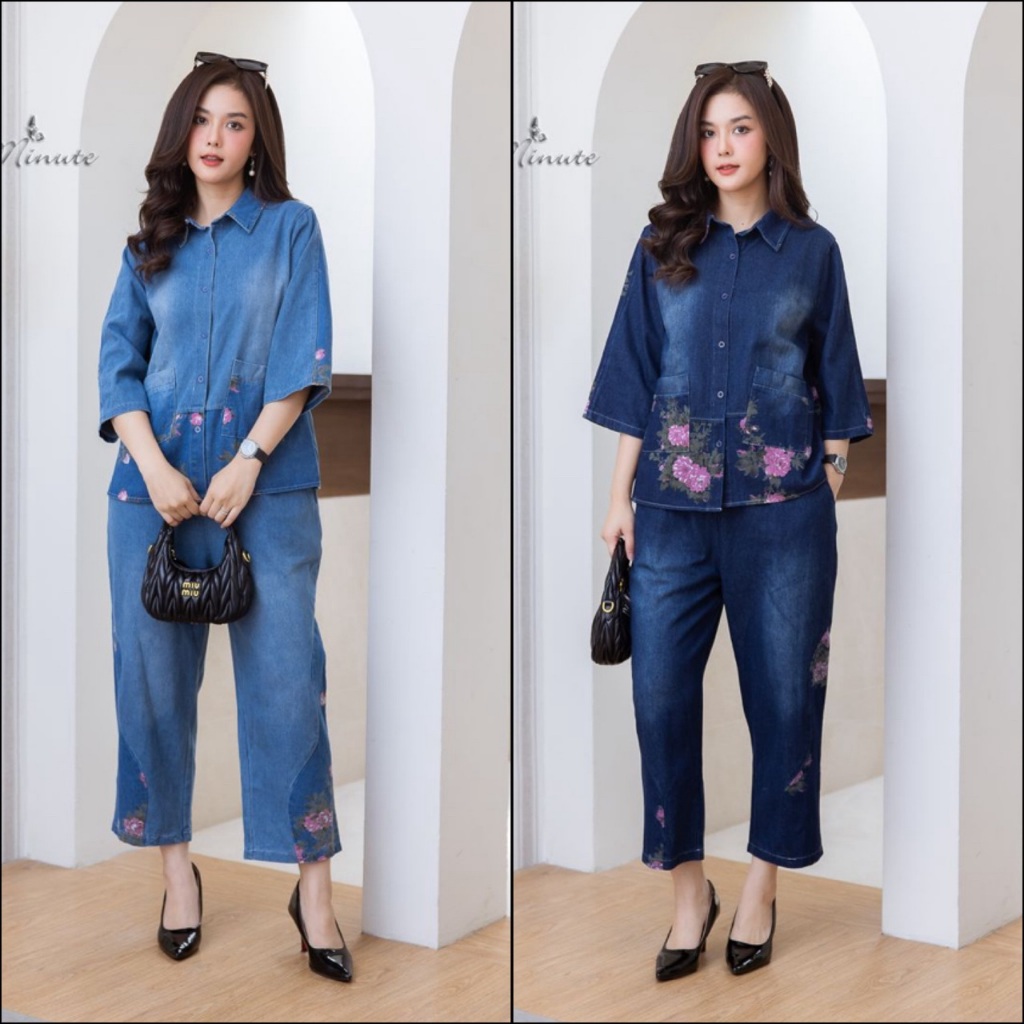 Cutie minute  รหัสJS8823  ชุดเซ็ทกางเกง(Set) ผ้ายีนส์เกรดพรีเมี่ยมฟอกทั้งตัว