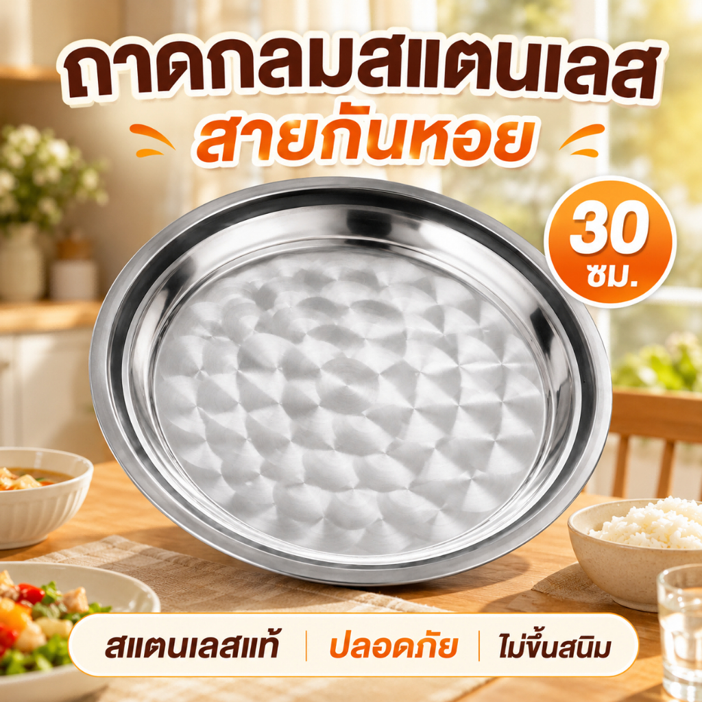 ถาดกลมสแตนเลส 30ซม. ถาดใส่อาหาร สายกันหอย สแตนเลสแท้ ขอบมน ไม่บาดมือ ล้างง่าย ไม่ขึ้นสนิม ใช้ในครัวและโต๊ะอาหาร