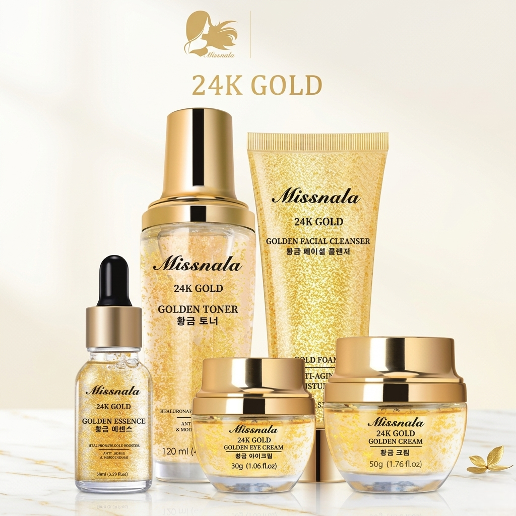 Missnala ผลิตภัณฑ์บำรุงหน้า 24K Gold ครีมบํารุงผิว ให้ความชุ่มชื้นลดริ้วรอย เซต 5 ชิ้น