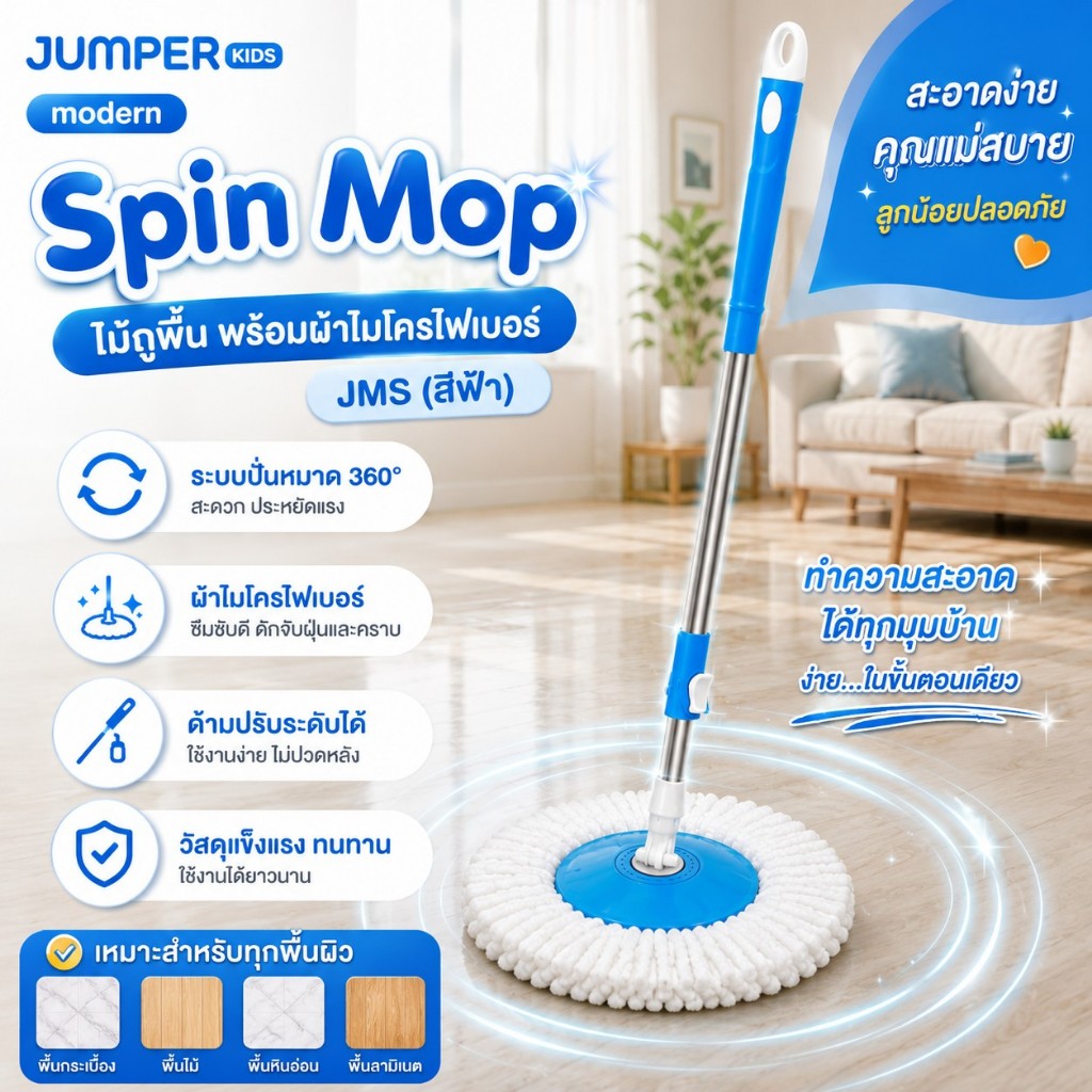 ไม้ถูพื้น หัวพลาสติก JMS พร้อมผ้าไมโครไฟเบอร์ (สีเขียว/สีฟ้า/สีม่วง)