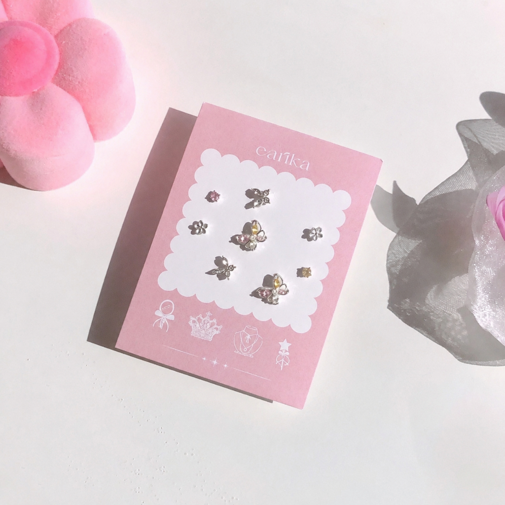 earika.earrings - candy buttie set เซ็ตต่างหูผีเสื้อ ก้านเงินแท้ชุบทองคำขาว แพ้ง่ายใส่ได้