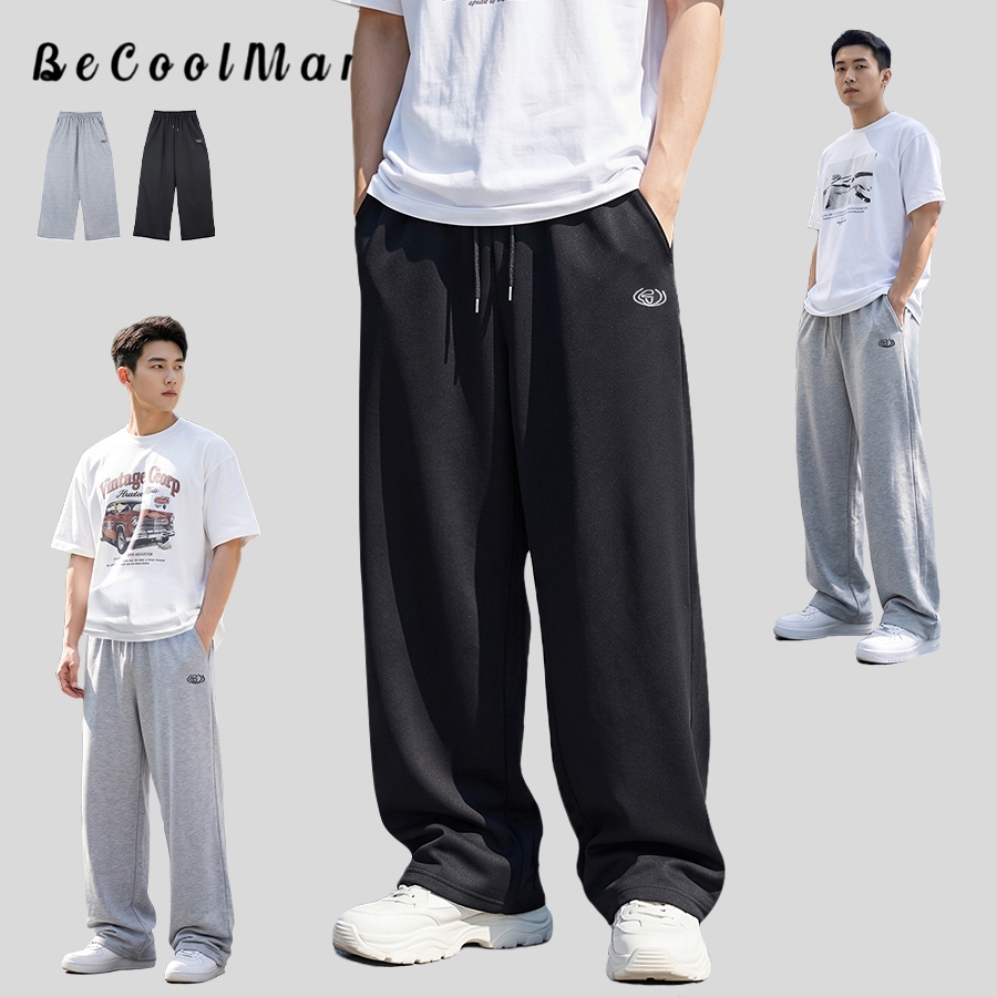💥BecoolMan💥กางเกงกีฬา สีพื้น ลายปัก กางเกงขาตรง แบบหลวม สบาย แมทช์ง่าย ลำลอง ใส่ได้ทั้งชายและหญิง