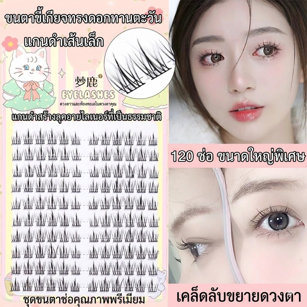 ขนตาปลอมแบบกาวในตัว ปริมาณมาก 120 ช่อ ต้องใช้กาว ใช้เพื่อทำให้ตาดูใหญ่ขึ้น ทนทาน ใช้ซ้ำได้ เหมาะสำหรับผู้เริ่มต้น