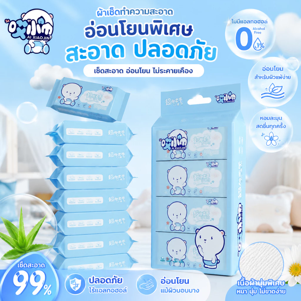 ผ้าเช็ดทำความสะอาดเปียก[1 ห่อ มี 8 แพ็ค] ปลอดภัย ปลอดสารพิษ ไม่ระคายเคือง ปราศจากแอลกอฮอล์ เหมาะสำหรับทารกและเด็กเล็ก