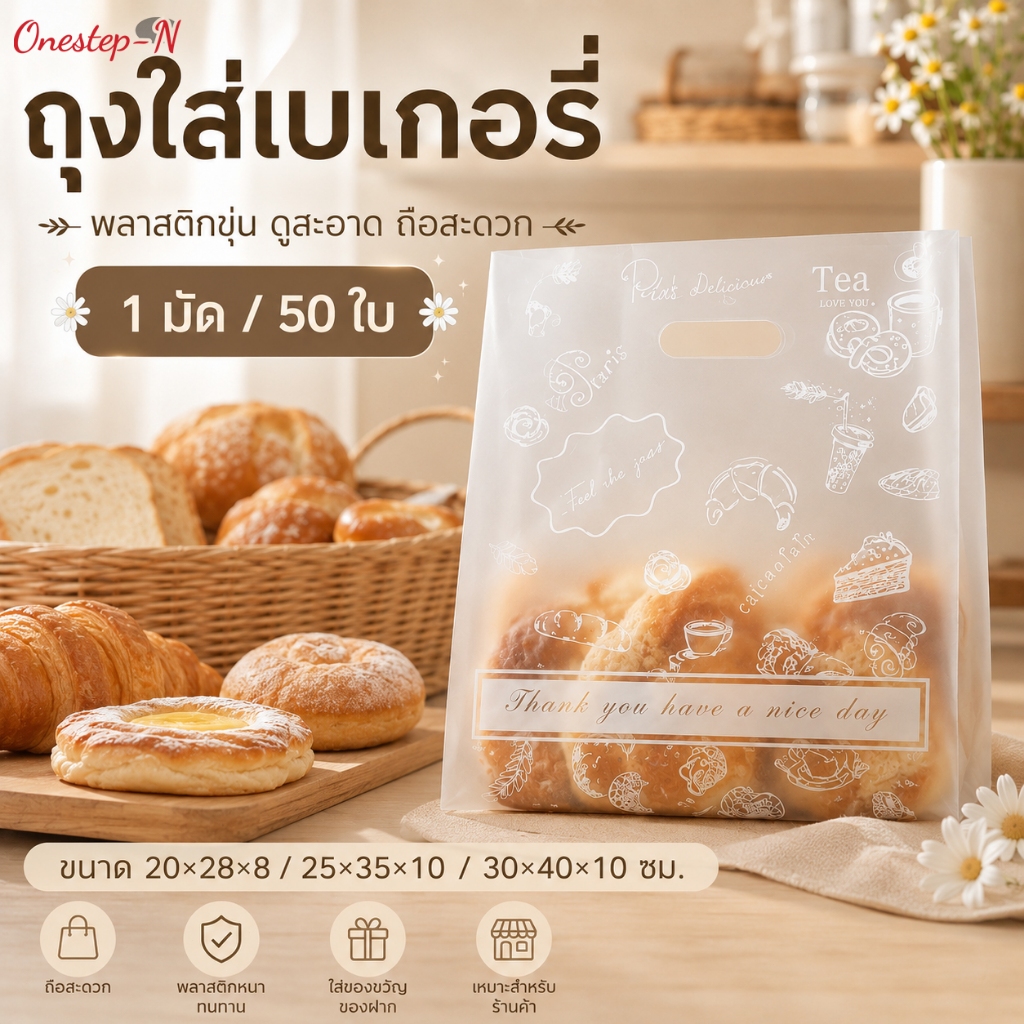 ถุงใส่เบเกอรี่หูหิ้ว ถุงขนมพลาสติกขุ่น ใช้แพ็คของฝาก 1 มัด 50 ใบ