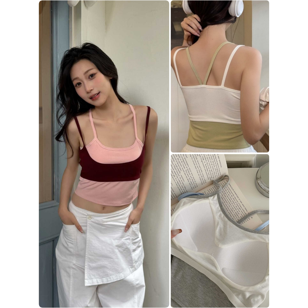 เสื้อกล้ามผู้หญิง ดีไซน์ทูโทน หลอกใส่สองชิ้น มีฟองน้ำในตัว ใส่แล้วดูมีเลเยอร์ Padded camisole #26185
