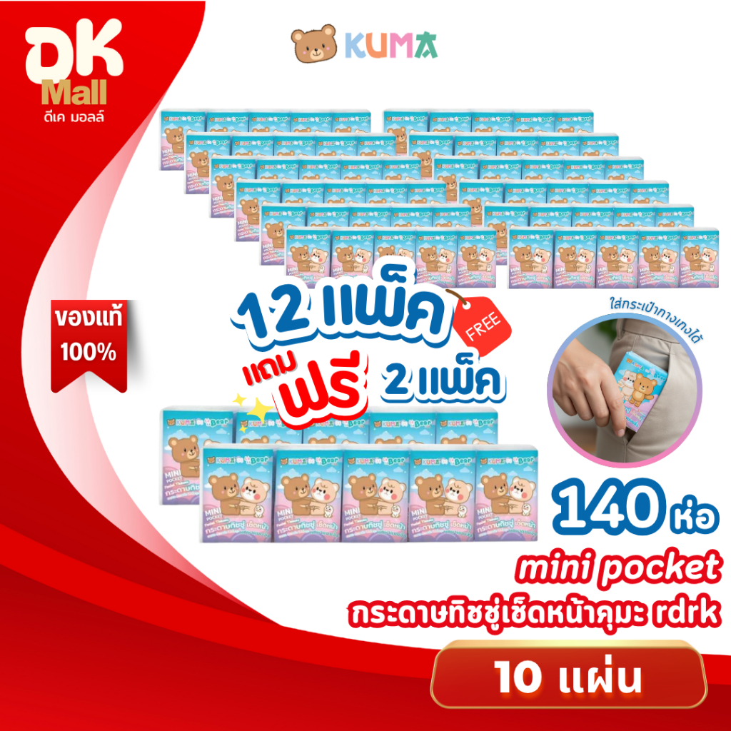 (live) แถมฟรี 2 แพ็ค!! Kuma Mini Pocket กระดาษเช็ดหน้า คุมะ มินิ พกพาแบบจิ๋ว บรรจุ 10 แผ่น 12+2 แพ็ค (รวม 140 ห่อ)