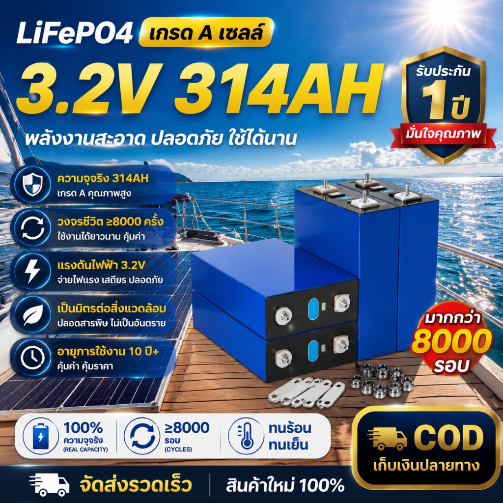 【รับประกัน 1ปี】แบตเตอรี่ลิเธียมไอออน 3.2V 314ah  Lifepo4 3.2V 6000 รอบ แบตลิเธียม แบตเตอรี่สำรอง แถมน็อต+บัสบาร์