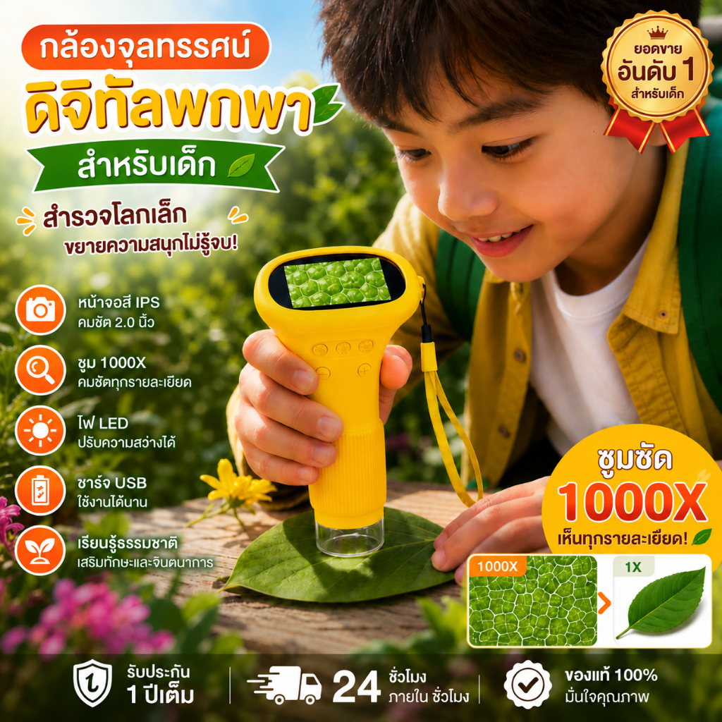 กล้องจุลทรรศน์สำหรับเด็ก กล้อง Microscope ดิจิทัล ขยาย 1000 เท่า หน้าจอ 2.0 นิ้ว