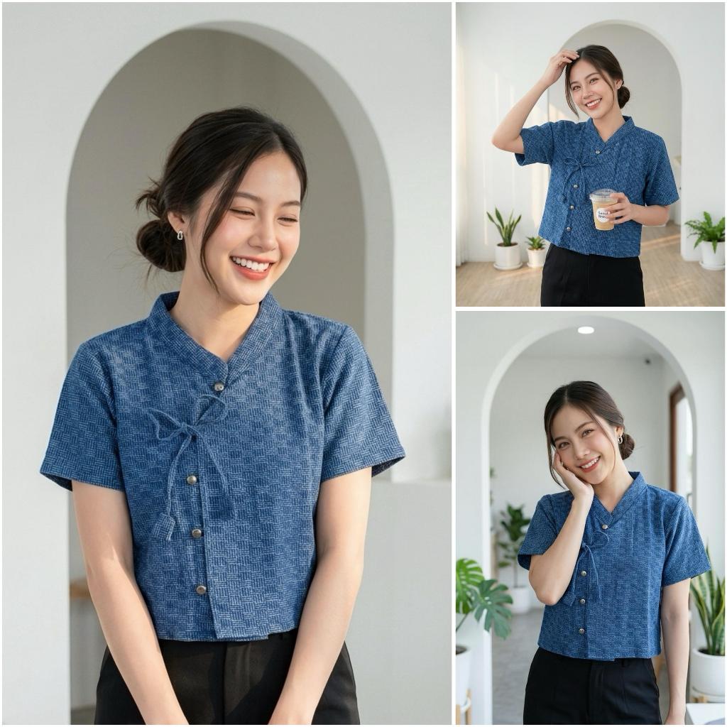 เสื้อผ้าฝ้ายฟอกสโตนวอส ผูกโบว์ดอกทิวลิป แต่งกระดุมเงิน เสื้อผ้าฝ้าย