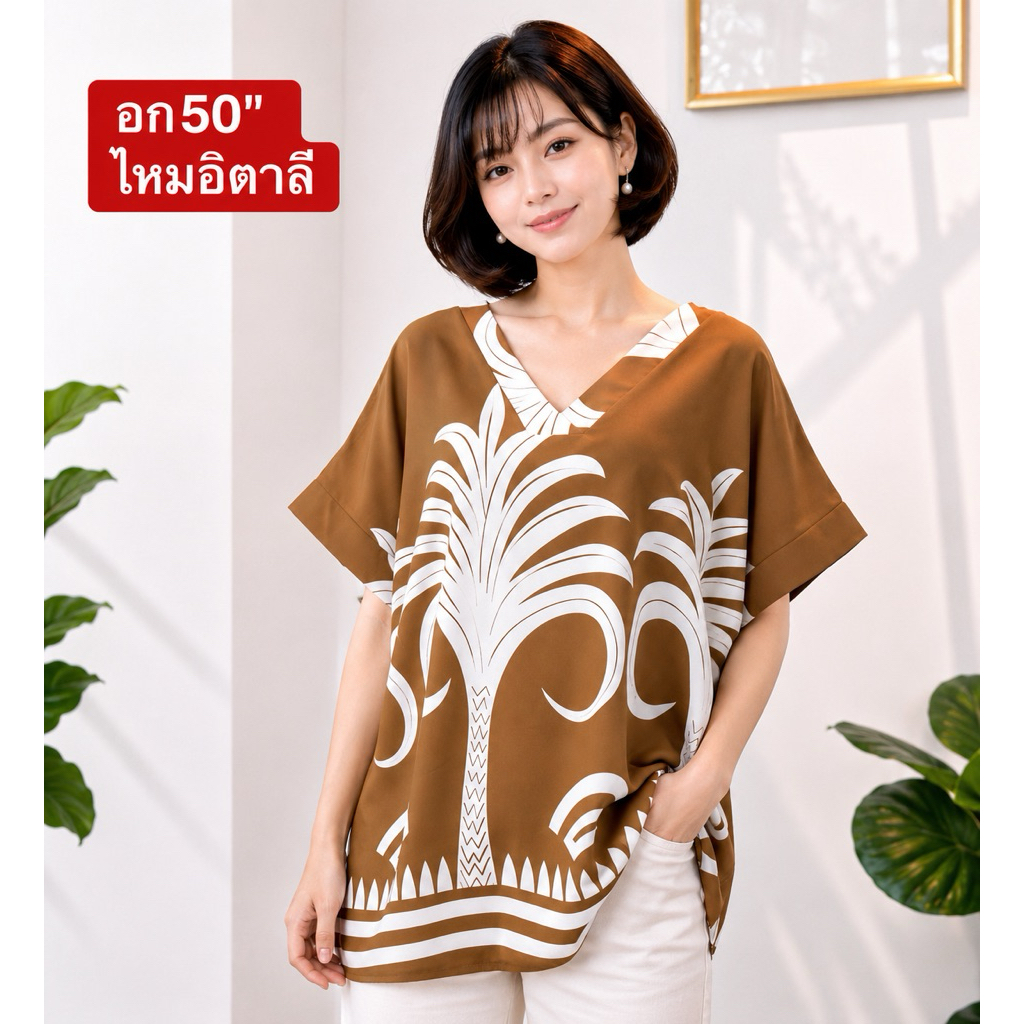 อก50“ คอวี เสื้อผ้าสาวอวบ ไซส์ใหญ่ ผ้าไหมอิตาลีและสปัน