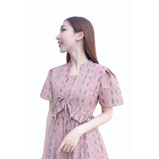 ชุด2in1 มีซิปหลังและสม็อคหลัง แต่งเสื้อคลุม ผูกโบว์ที่เสื้อคลุม เดรส Dress เสื้อผ้าผู้หญิง เสื้อผ้าแฟชั่น ชุดผ้าไทย