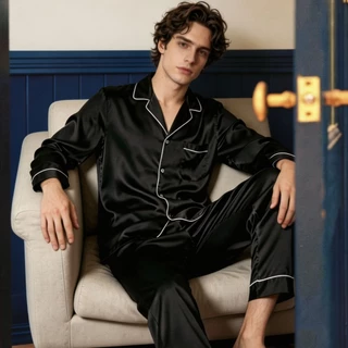ชุดนอนผู้ชาย ชุดนอนผ้าซาติน แขนยาว+ขายาว สีพื้น นุ่มลื่น ใส่สบาย ไม่ร้อน ไม่อึดอัด