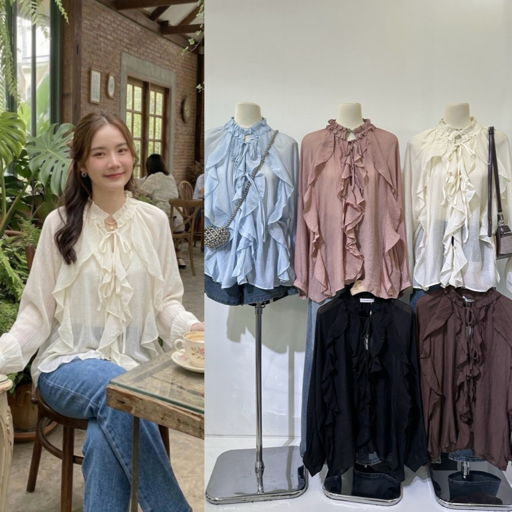 เสื้อแขนยาวแต่งระบายพริ้วผ้าบางเบาใส่สบาย